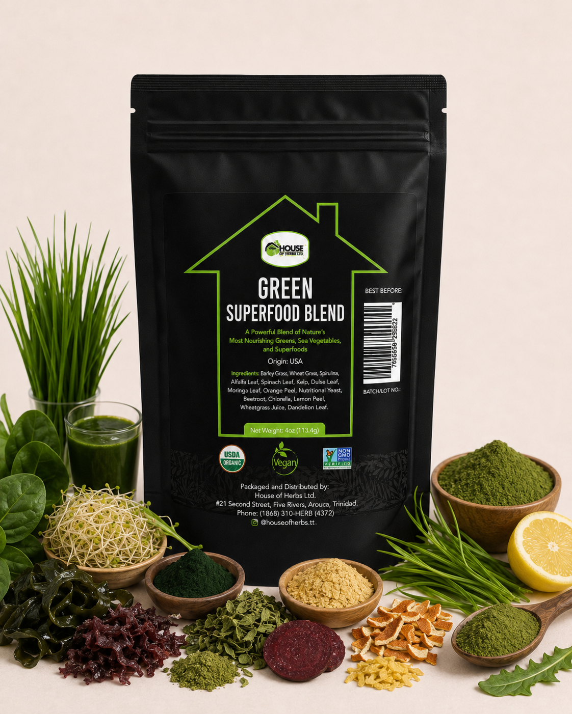 Green Superfood Blend - barley grass, wheat grass, spirluna, alfalfa leaf, spinach, kelp, dulse leaf, moringa leaf, orange peel, nutritional yeast, beet root, chlorella, lemon peel, wheat grass juice & dandelion.