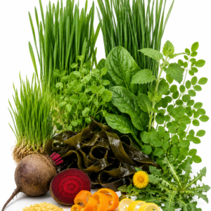 Green Superfood Blend - barley grass, wheat grass, spirluna,  alfalfa leaf, spinach, kelp, dulse leaf, moringa leaf, orange peel,  nutritional yeast, beet root, chlorella, lemon peel, wheat grass juice  & dandelion.